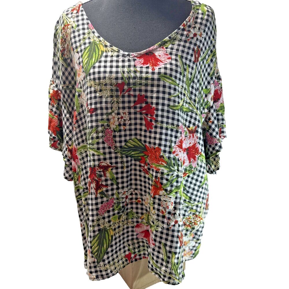 Signature Studios Black Check & Floral Blouse Womens 2X Flutter Sleeves